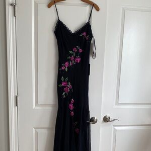 Black Maxi Slip Dress with Pink Floral Embroidery